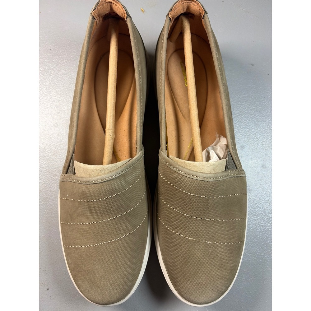 Clarks Nalle Violet Slip On Shoes Womens 11 Olive Nubuck Leather Comfort Sneaker